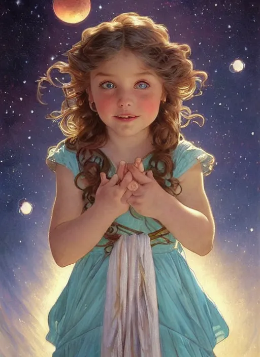 Image similar to a cute little girl with a round cherubic face, blue eyes, and short wavy light brown hair smiles as she floats in space with stars all around her. she is wearing a turquoise dress. beautiful painting by artgerm and greg rutkowski and alphonse mucha