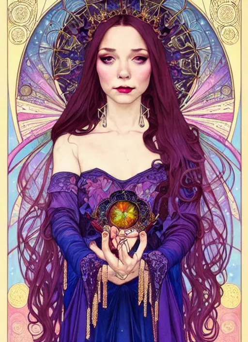 Image similar to fantastic portrait of a beautiftul witch with some shinny star, cloak, royally decorated crystal gemstones, symmetrical face, art nouveau, portrait, cute, fairy, by artgerm, kelly mckernan, mai yoneyama, alphonse mucha, detailed background, artstation, intricate, elegant, highly detailed, colorful, maximalist