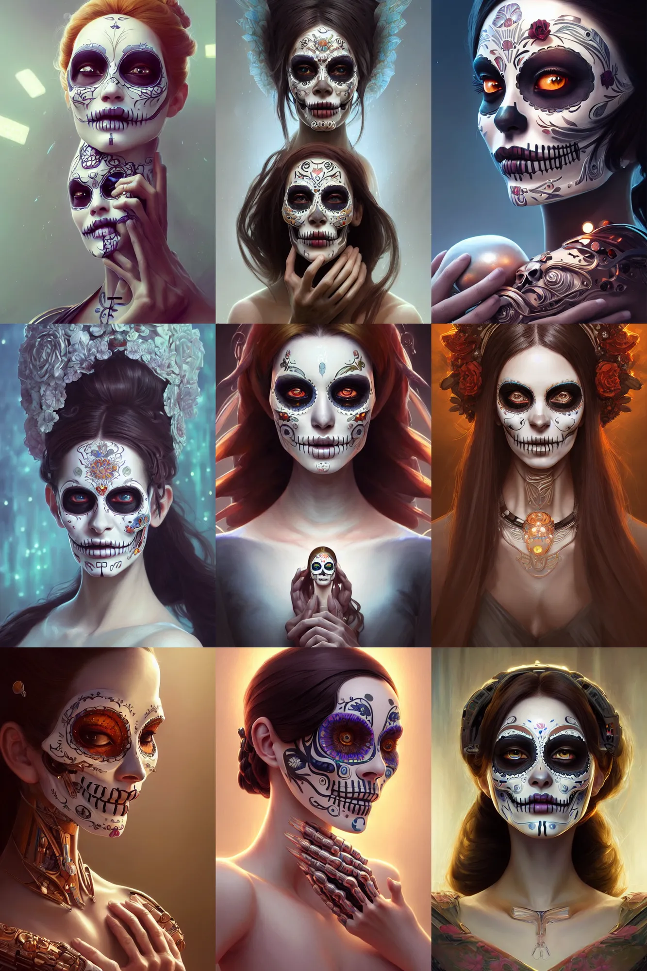 Prompt: beautiful crying female android, intricate, elegant, super highly detailed, professional digital painting, el dia los muertos, concept art, smooth, sharp focus, unreal engine 5, photorealism, hd, 8 k, beautiful, cinematic, art by artgerm and greg rutkowski and alphonse mucha and loish and wlop
