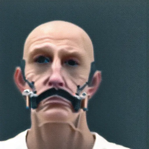 Image similar to grainy photo of an ugly man, wearing bionic implants, cyborg, cyborg, cyborg, criminal, mugshot background