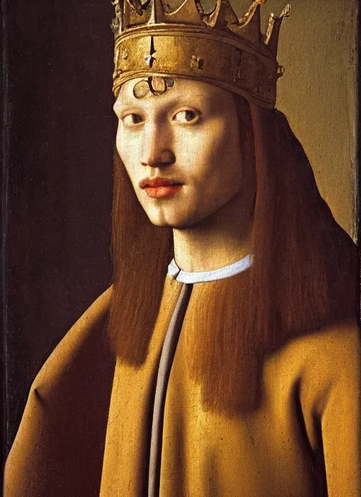 Image similar to portrait of a young king with a crown, medieval painting by Jan van Eyck, Johannes Vermeer, Florence