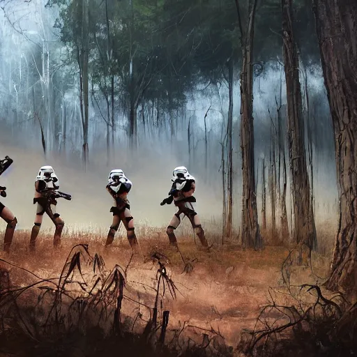 Image similar to stormtroopers shooting red blasters at a young blonde jedi with short hair in a burned lifeless forest with burned trees and plants concept art by Doug Chiang cinematic concept art, realistic painting, high definition, digital art, matte painting, symmetrical, very detailed, realistic, dramatic lighting, cinematic, establishing shot, extremely high detail, photo realistic, cinematic lighting, post processed, concept art, artstation, unreal engine 5, matte painting, red color scheme, the Mandalorian concept art style