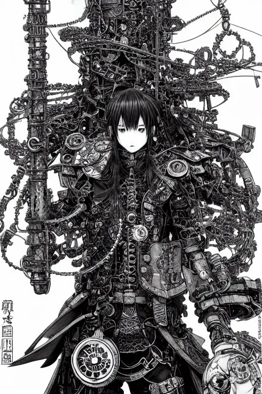 Image similar to a vertical portrait of a character in a scenic environment by yoshitaka amano and nihei tsutomu, black and white, dreamy, steampunk armor, highly detailed