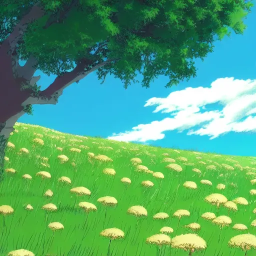 Prompt: A wide-up shot of a sea of withe dandelions with green wind blowing, anime style, Studio Ghibli style, cel shading,