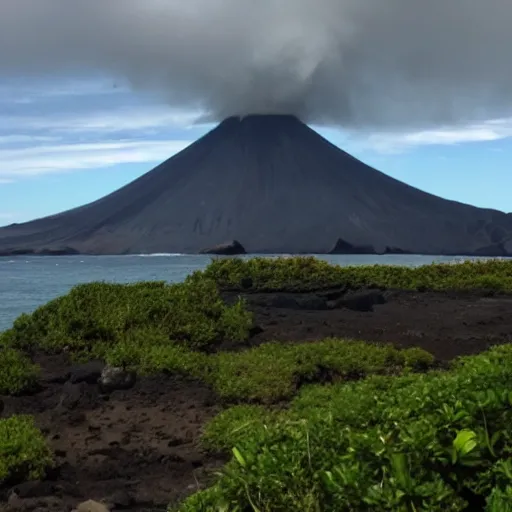 Prompt: volcano on an island and the ocean in the background