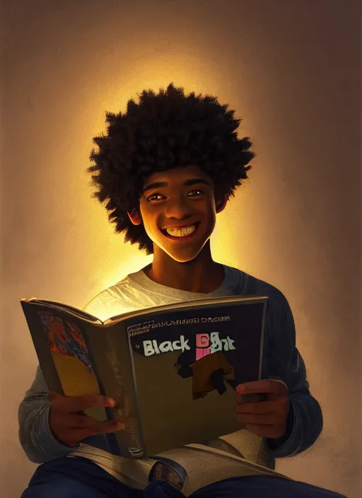 Image similar to portrait of teenage chuck clayton, black teenage boy, short curly hair, short hair square jaw, slight excited smile, reading a comic book, intricate, elegant, glowing lights, highly detailed, digital painting, artstation, concept art, smooth, sharp focus, illustration, art by wlop, mars ravelo and greg rutkowski