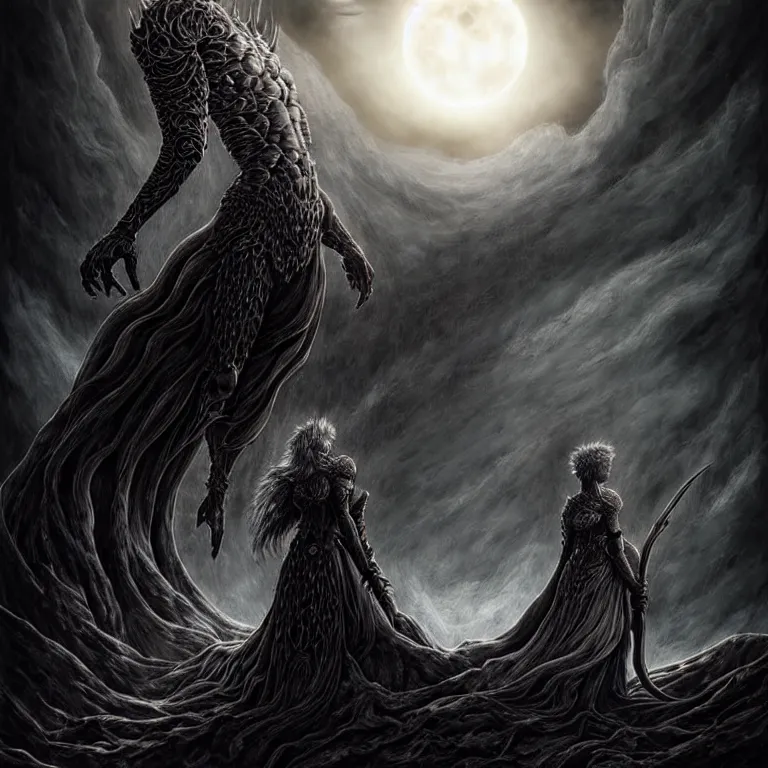 Image similar to epic professional digital art of eclipse from berserk manga, dark fantasy painted, intricate, detailed, detailed, foreboding, by leesha hannigan, wayne haag, reyna rochin, ignacio fernandez rios, mark ryden, iris van herpen,, epic, stunning, gorgeous, much wow, cinematic, masterpiece.