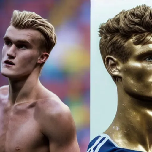 Image similar to a realistic detailed photo of a guy who is an attractive humanoid who is half robot and half humanoid, who is a male android, soccer players martin ødegaard & timo werner, shiny skin, posing like a statue, blank stare, in a living room, on display, showing off his muscles, gold soccer shorts, side view