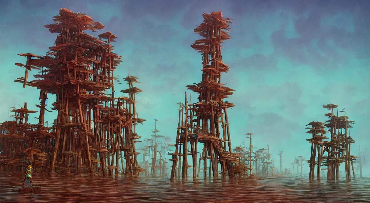 Prompt: single flooded simple wooden tower, very coherent and colorful high contrast ultradetailed photorealistic masterpiece by bruce pennington simon stalenhag, dark shadows, sunny day, hard lighting