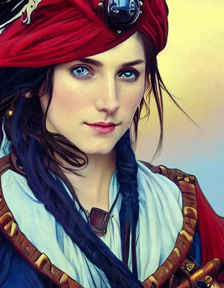 Image similar to fully clothed armed female pirate captain with a male deckhand partner, sun, summer, blue eyes, beauty, wisdom, love, strength, knowledge, smart, portrait, symmetrical, highly detailed, digital painting, artstation, smooth, sharp focus, illustration, strength, art by artgerm and alphonse mucha and louis theophile hingre. 8 k