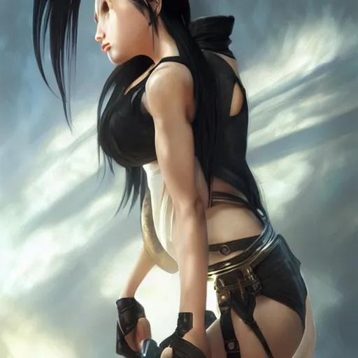 Prompt: portrait of Tifa from the Final Fantasy, D&D, fantasy, intricate, elegant, highly detailed, digital painting, artstation, concept art, matte, sharp focus, illustration, by Artgerm, Greg Rutkowski, Alphonse Mucha