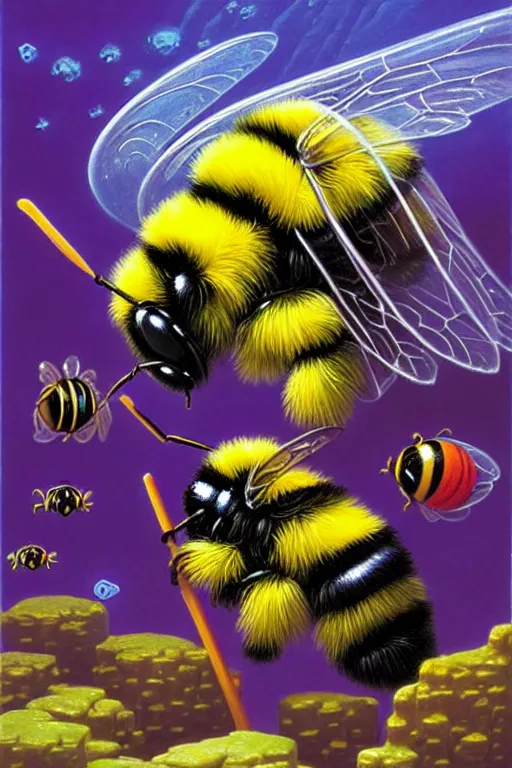 Prompt: classic oil painting, an cute bumble bee cleaning her wings, as a dnd character, standing under the sea, cottagecore, highly detailed, digital illustration, concept art, smooth, sharp focus, art by tim hildebrandt, and greg hildebrandt