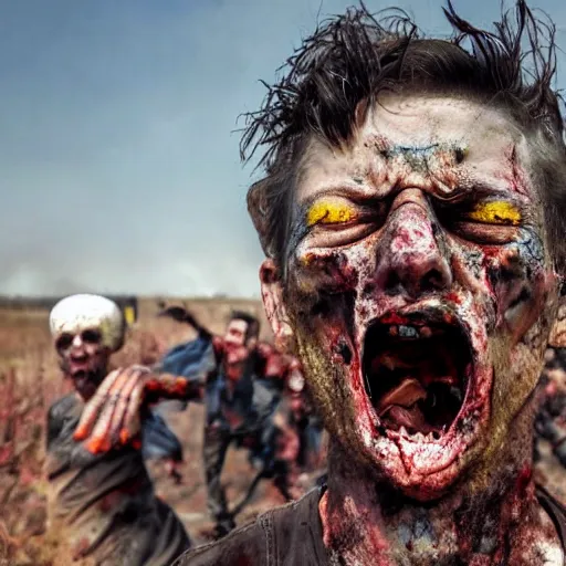 Image similar to selfie of a ukrainian screaming in pain and terrible injuries from a nuclear explosion, everything is on fire and radiation, in the background there are a lot of people like zombies, corpses and skeletons, a large nuclear explosion in the background, people are painted in yellow and blue, all dirty with severed limbs, doomsday