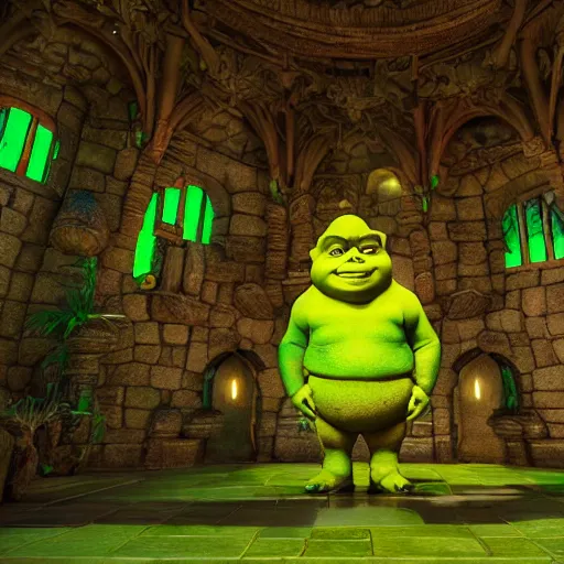 Image similar to inside of a shrek worshipping sanctuary, ornate, beautiful, green, get outta me swamp, shrek statues, shrek is love shrek is life, extremely detailed, octane render, shrek worship, ray traced, post processing, octane render