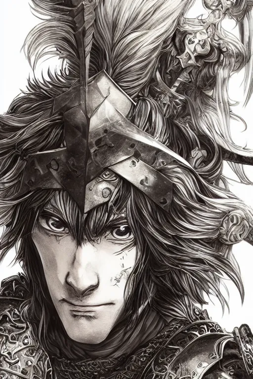 Prompt: A realistic anime portrait of a young handsome male barbarian with long wild hair, intricate fantasy spear, plated armor, D&D, dungeons and dragons, tabletop role playing game, rpg, jrpg, digital painting, by Yoshitaka Amano and Ayami Kojima and Akihiko Yoshida and Yusuke Murata, digtial painting, trending on ArtStation, SFW version