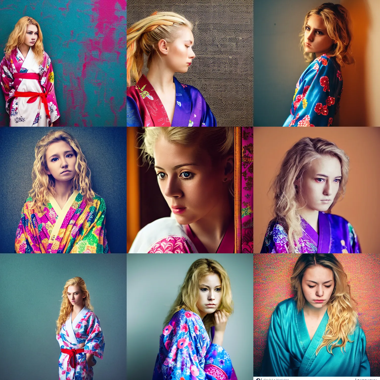 Prompt: stunning, breathtaking, awe - inspiring award - winning portrait of an attractive young white woman with wavy blonde hair, wearing a colorful yukata, extremely moody lighting