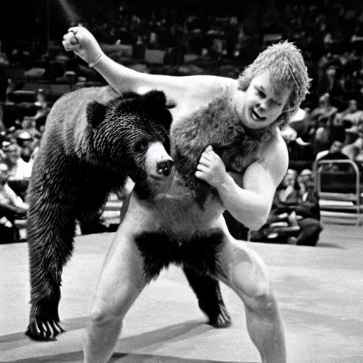 Image similar to maniac john dundee wrestling a bear. madison square garden, 1 9 7 2.