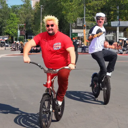 Image similar to guy fieri riding unicycle eating hot dog