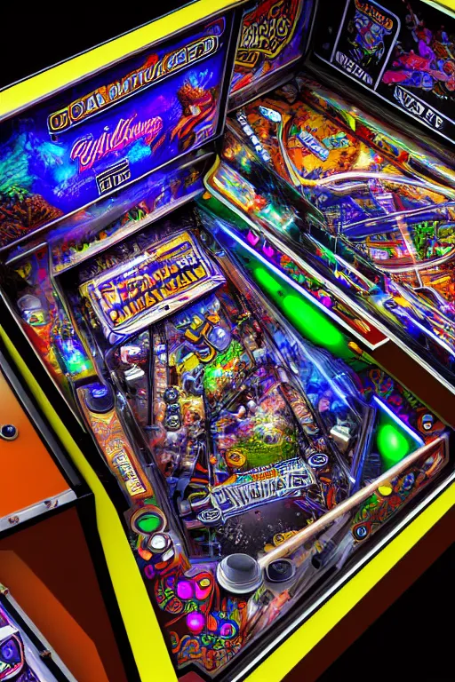 Image similar to a detailed pinball table layout overhead view, game art, realistic digital art, fluorescent colors, halluzinogenic, multicolored, exaggerated detailed, unreal engine