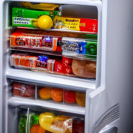 Image similar to fridge full of food, highly detailed, high quality, HD, 4k, 8k, Canon 300mm, professional photographer, 40mp, lifelike, top-rated, award winning, realistic, sharp, no blur, edited, corrected, trending