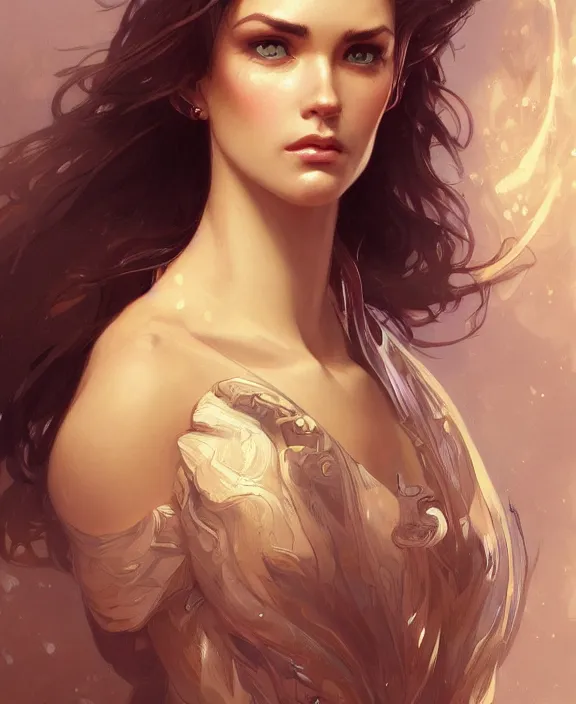 Image similar to portrait close up of woman, concentrated look, symmetry, d & d, fantasy, intricate, elegant, highly detailed, digital painting, artstation, concept art, art by artgerm and greg rutkowski and alphonse mucha, boris vallejo