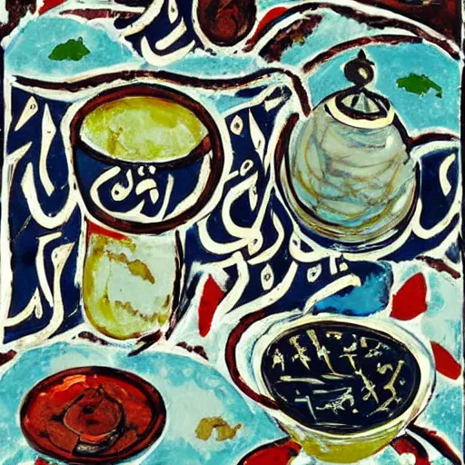 Prompt: Arabic calligraphy, Moroccan tea set, painting by jackson pollock