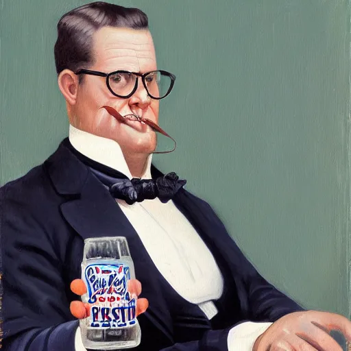 Image similar to painting of a portrait ofVictorian Era president Hank Hill drinking a Pabst Blue Ribbon beer, realistic