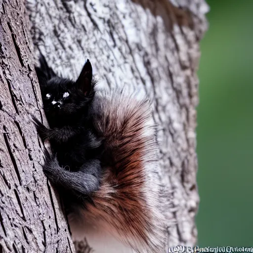 Image similar to a bat kitten, in a tree, wings folded, Nikon, telephhoto