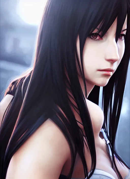 Image similar to portrait of tifa lockhart, final fantasy, art by artgerm, wlop, loish, ilya kuvshinov, 8 k hyperrealistic, hyperdetailed, beautiful lighting, detailed background, depth of field, symmetrical face, frostbite 3 engine, cryengine,