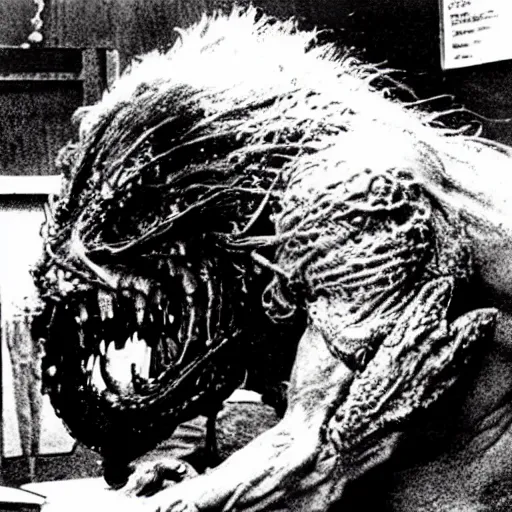 Image similar to blasphemous vile creature from The Thing, Cronenberg, Greg nicotero Cthulhu eating a human disgustingly