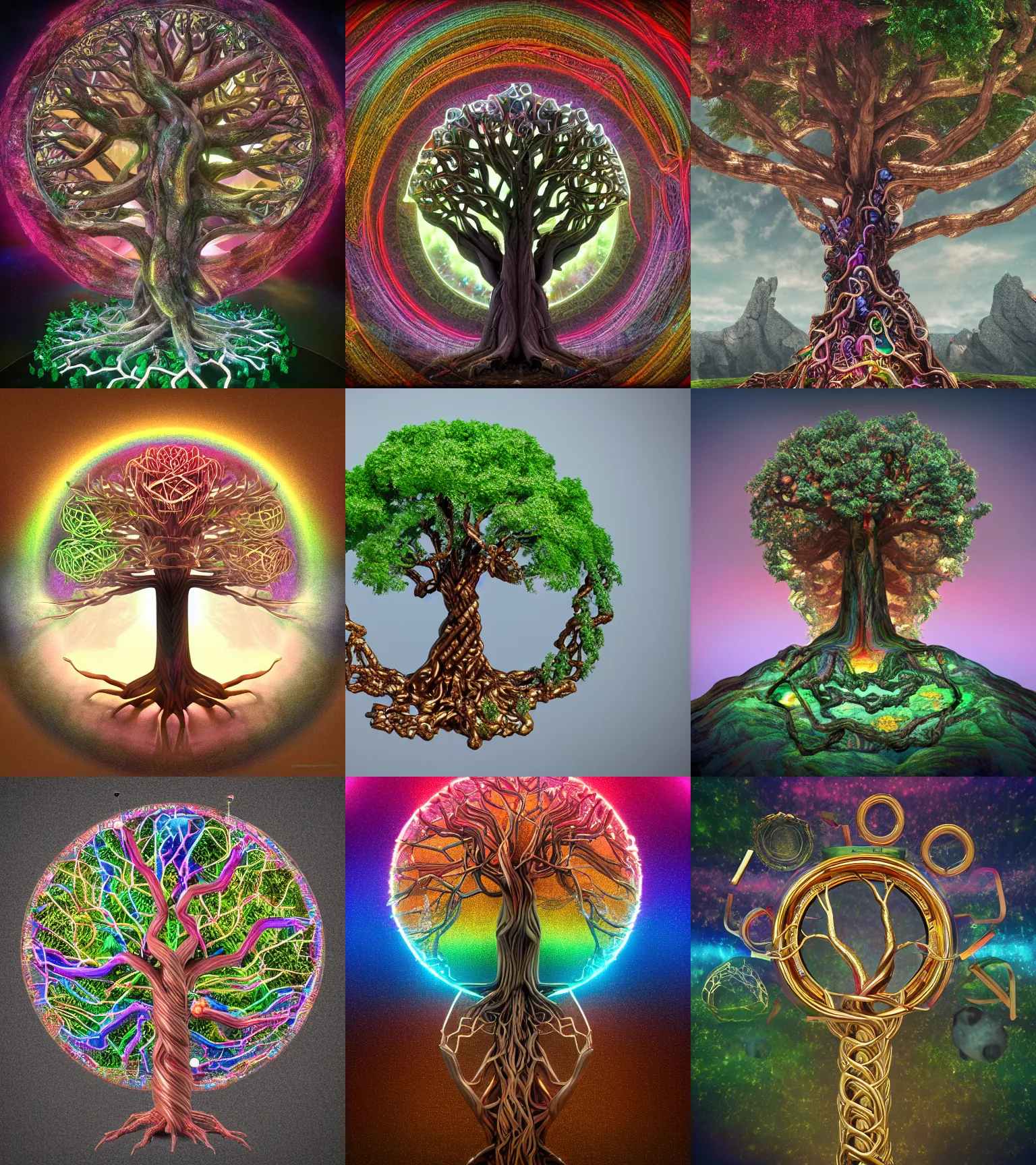 Prompt: Yggdrasil the mighty recursive symmetrical tree of life made of knowledge, rainbow quartz and precious metals, octane render, 8k, 4k, HDR