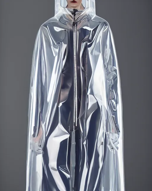 Image similar to an award winning fashion photograph of Balenciaga's transparent raincoat by Catherine Opie and Hajime Sorayama, Demna Gvasalia, cyberpunk, futuristic, Bladerunner 2049, dazzle camouflage!