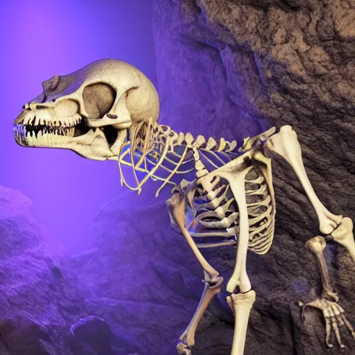 Prompt: full shot portrait of tiny dinosaur skeleton lying in a cave covered in shiny crystals, detailed, unreal engine 4k volumetric light, fog, purple color palette