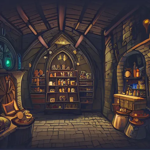 Prompt: nside a magical item shop, fantasy potion vendor interior, ufotable studio art style, wide angle, gothic interior,