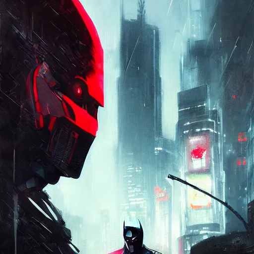 Image similar to cyberpunk batman with fullface mask, red logo, moody, futuristic, city background, brush strokes, oil painting, greg rutkowski