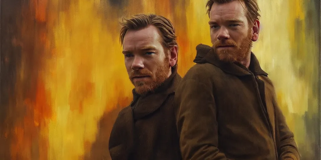 Image similar to we see ewan mcgregor from side. atmospheric feeling, warm colours, brown colours, yellow colours, epic scene, cinematic, very detailed, oil painting