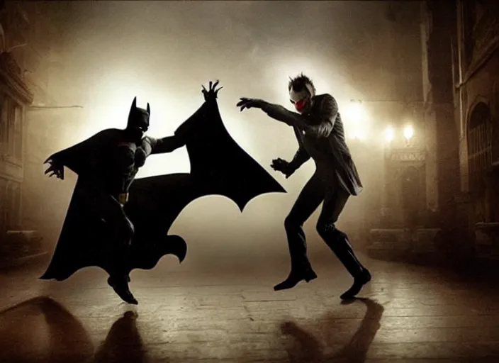 Image similar to Batman and Joker dance together，atmospheric lighting, masterpiece, award winning painting by Emmanuel Lubezki