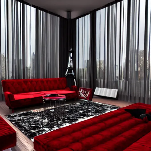 Image similar to A screenshot of a photorealistic Virtual Reality music studio, living room vibe, Paris hotel style, red velvet furniture, light rays coming out of the windows, the window has a view on Paris, raytracing, highly detailed, futuristic, unreal engine 5, photoscanned, photorealistic,