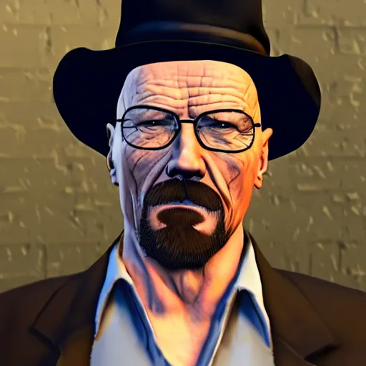 Image similar to Walter White with pork pie black hat, accurate anatomy, highly detailed, gta 5 styled, centered, portrait