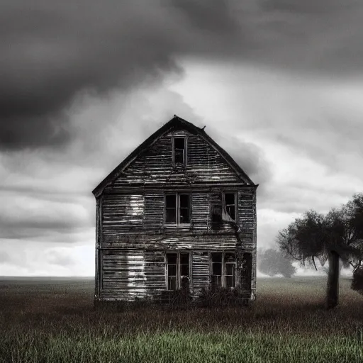 Prompt: old abandoned house in daisy field, cloudy sky, huge cloud, mist, ultra - realiste, cinematic, hd, 8 k