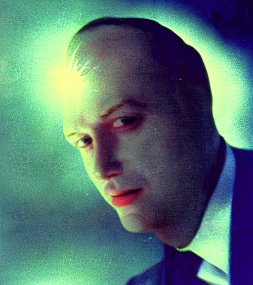 Prompt: portrait of a man in a suit with blindingly glowing white head, vintage technicolor film photo, grainy, high detail, high resolution