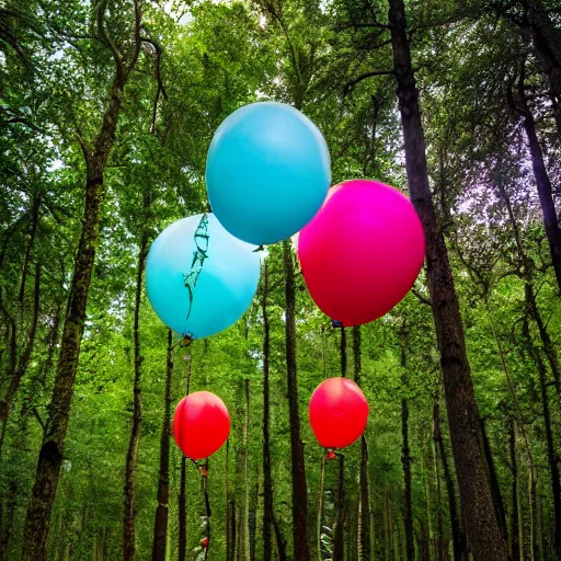 Prompt: An abandoned forest with colorful balloons, (Sony a7R IV, symmetric balance, polarizing filter, Photolab, Lightroom, 4K, Dolby Vision, Photography Award)