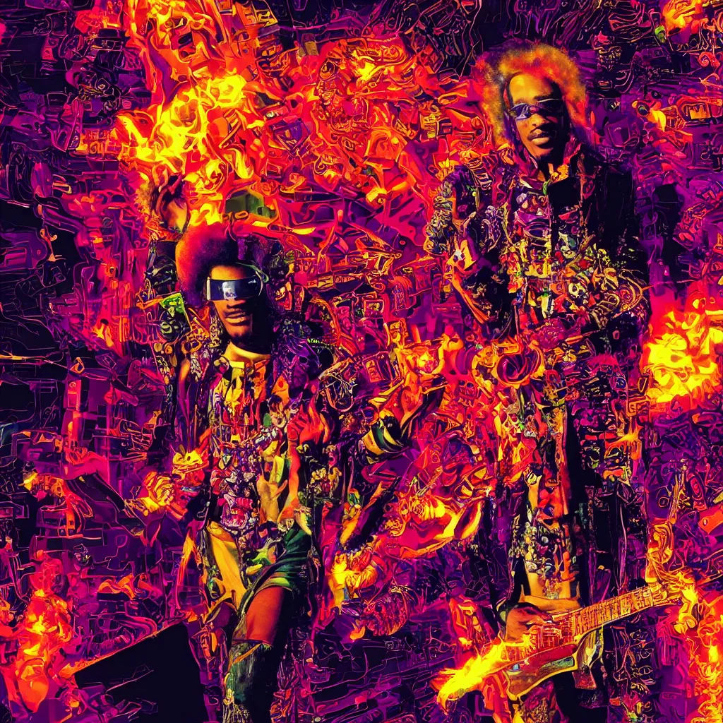 Prompt: Cyberpunk Jimmy Hendrix with Mohawk in the head and using a vr headset while playing guitar in a ring of fire, psychedelic background, saturated colors, high definition