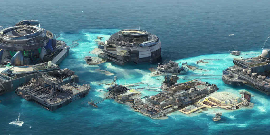 Image similar to a view from a boat of a seasteading community on the open ocean, fusion of subnautica and star trek, by noriyoshi ohrai, beautifully detailed 4 k octane render, 4 k post processing