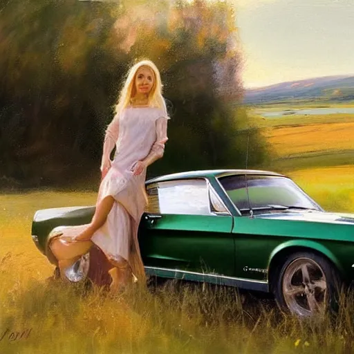 Prompt: blonde woman, green 1967 Ford Mustang, Swedish countryside, freedom, dawn, beautiful blonde woman, atmospheric, painting by Vladimir Volegov