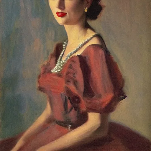 Prompt: Taylor Swift holding her chest, 1950s, modest, elegant clothing, tiara, mild impressionism, award winning, by Ilya Repin
