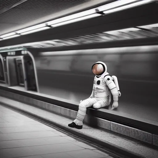 Image similar to a beautiful photo of an astronaut waiting in a subway station, 1970', soft light, morning light, photorealistic, realistic, octane, 8k, cinematic shot