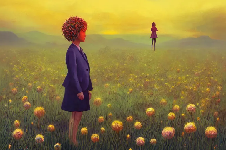 Image similar to closeup, giant thistle flower under head, a girl in a suit in field of flowers, surreal photography, sunrise, blue sky, dramatic light, impressionist painting, digital painting, artstation, simon stalenhag