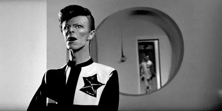 Prompt: photorealistic wide shot black and white twilight zone style cinematography of a 1 9 8 1 version of healthy david bowie in a cheesy 5 0's space suit acting as a man from outter space in a twilight zone episode that takes place in mid century modern apartment shot on film by the shining cinematographer john alcott on a cooke panchro 1 8 mm lens.