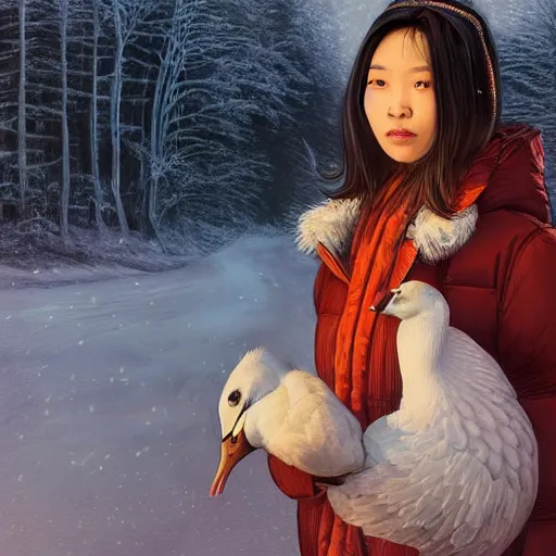 Image similar to the portrait a beautiful grocery young asia woman in down jacket, with a goose ， the background is dust earth road ， river winter an snow, illustration by kim jung gi, irakli nadar, bright colors, octopath traveler, wenjun lin, unreal engine 5 highly rendered, global illumination, radiant light, detailed and intricate environment